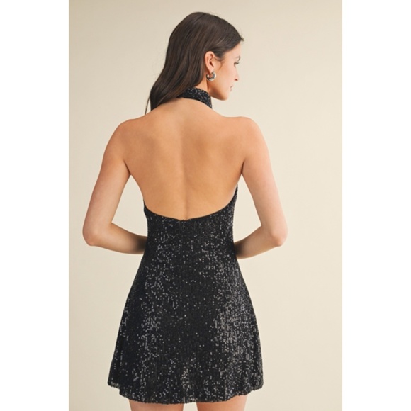 Black Sparkling Sequin Drape Halter Backless Holiday Cocktail Party Mini Dress - Picture 5 of 6